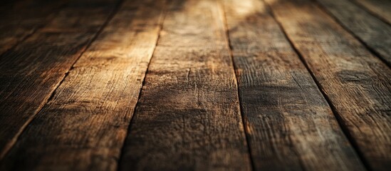 Leinwandbilder - Close up of a rustic wooden table featuring a grain texture in a vintage style The surface of an old wooden plank in macro view offers an empty template and copy space for an abstract background wa