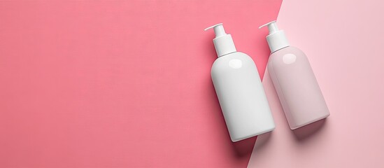 Poster - Beauty care cosmetics Mock up featuring two bottles in white and pink on a paper background with copyspace Spa concept Flat lay style Top view Pastel colors
