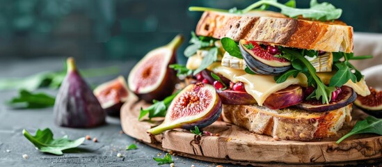 Aufkleber - Delicious sandwich featuring ripe fig and brie cheese on a wooden plate. with copy space image. Place for adding text or design