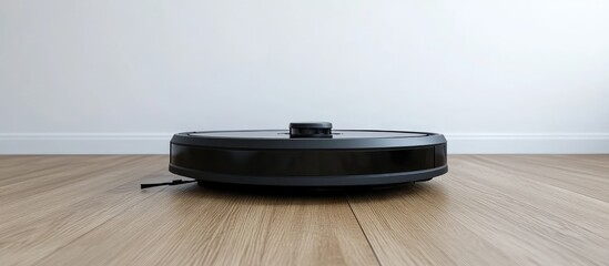 Poster - Front view of a black robot vacuum cleaner with a charging cable on wooden laminate flooring A white wall serves as the background with copyspace