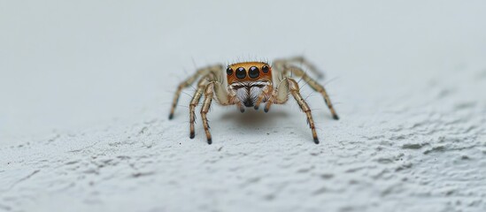 Poster - A tiny spider on the white wall. with copy space image. Place for adding text or design