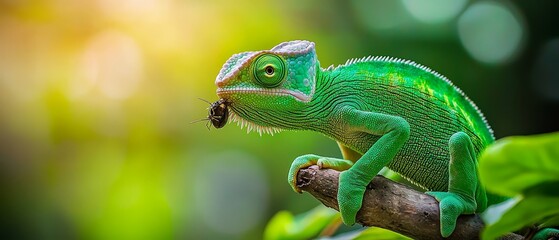  A green chameleon perched on a branch, holding a bug in its mouth against a slightly blurred backdrop