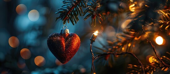 Aufkleber - A heart shaped toy hangs from a Christmas tree adorned with glowing lights creating a dark silhouette. with copy space image. Place for adding text or design