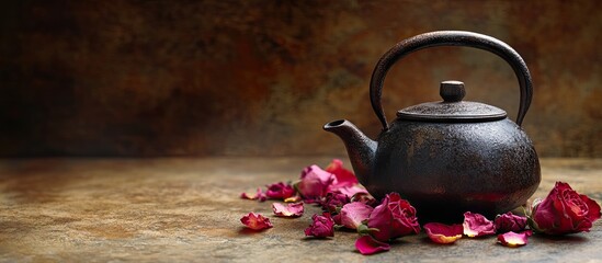Poster - Teapot containing a detox beverage made from dried red and pink rose flower buds tea. with copy space image. Place for adding text or design