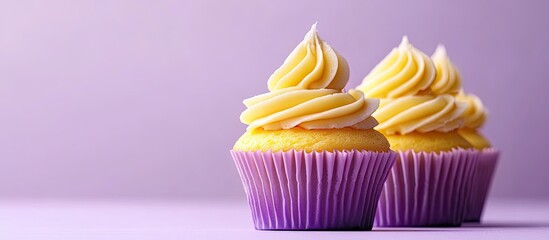 Poster - Cupcakes adorned with yellow cream on a violet pastel background with copy space perfect for a birthday or wedding greeting card
