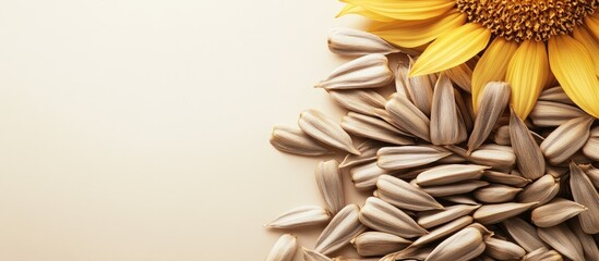 Poster - A cluster of sunflower seeds with top view important copy space for a template in the center