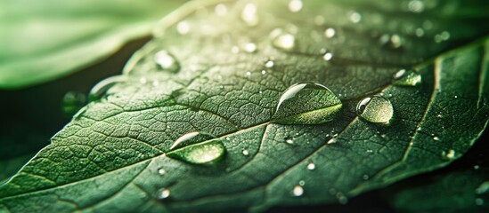 Poster - Droplets of water on a green leaf. with copy space image. Place for adding text or design