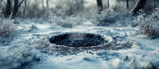 Poster - Square frame scenic winter landscape featuring a close up of a circular pit with ashes in a park. with copy space image. Place for adding text or design