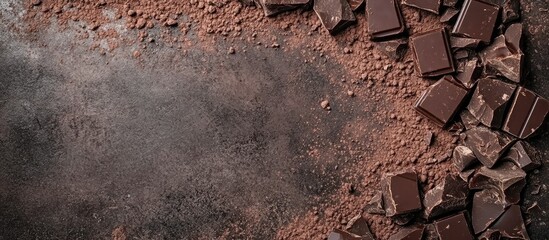 Leinwandbilder - A frame or border created from pieces of dark or milk organic chocolate and cocoa powder on a dark concrete background. with copy space image. Place for adding text or design