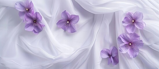 Poster - Small purple heart shaped flowers on a white fabric backdrop Lilac hue Happy Valentine s Day love Mother s Day Spring Women s Day Beautiful flat light Top view. with copy space image