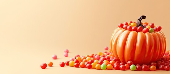 Poster - Halloween Jelly Beans Happy Halloween Party Border on a Beige Background Aesthetic Accessories Banner Spooky Orange Pumpkin Candy Bucket Contemporary Holiday Design Trendy Fall Thanksgiving Poster