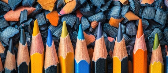 Poster - Vibrant graphite pencils and shavings backdrop Back to school theme Close up photography. with copy space image. Place for adding text or design