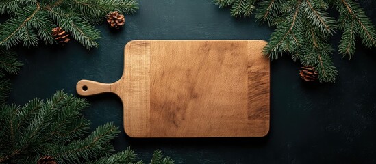 Poster - Cutting board surrounded by spruce branches Kitchen Christmas decor Dark backdrop. with copy space image. Place for adding text or design