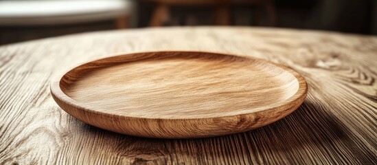 Poster - Empty wooden plate on a wooden table in a restaurant copyspace for indicating a reserved status High quality photo