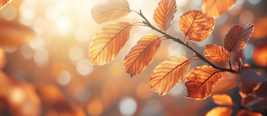 Poster - Close up of autumn colored leaves on a beech tree branch captured backlit. with copy space image. Place for adding text or design