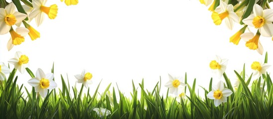 Leinwandbilder - Spring background featuring a frame of grass and daffodils in nature Suitable for a white isolated studio background Close up. with copy space image. Place for adding text or design