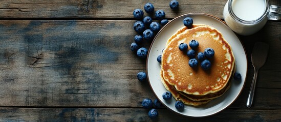 Aufkleber - Delicious cottage cheese pancakes accompanied by blueberries and a milk jug on a rustic wooden surface. with copy space image. Place for adding text or design