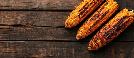 Leinwandbilder - Hot grilled corn from BBQ with spicy sauce on a wooden surface Top view copy space close up flat lay Banner