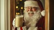 © Peter@studio5 - A slightly tipsy Santa holding a glass of eggnog, giving a sly grin as he stumbles through the door, gifts in hand