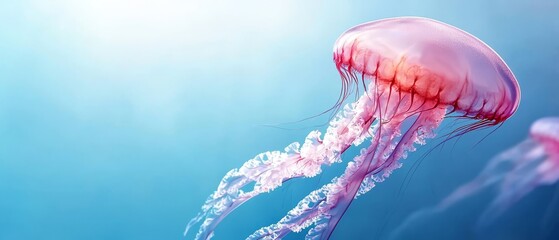  A tight shot of a jellyfish in water, its bell-shaped body poised as if emerging from the surface, head tilted outward