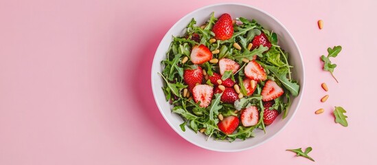 Poster - Vegan salad featuring strawberries arugula pine nuts and microgreens against a pink copyspace background Flat lay top view Superfood and detox idea