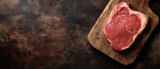 Poster - Raw pork chop on a wooden board Top view with space for text. with copy space image. Place for adding text or design