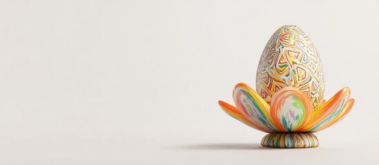 Poster - An egg featuring a pattern on a vibrant stand shaped like a flower for the Easter celebration set against a white background. with copy space image. Place for adding text or design