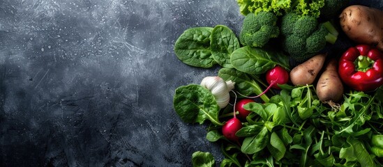 Poster - Spinach lamb s lettuce and arugula Vegetables include sweet potato onion and garlic Additionally there are peppers broccoli and a green salad White and red radishes Organic vegetables with copy spa