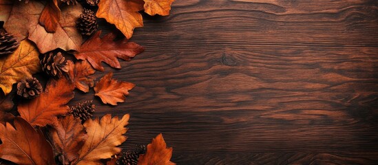 Poster - Autumn arrangement Leaves on a wooden surface Flat lay top view copyspace