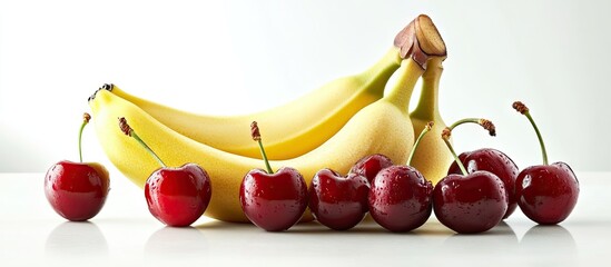 Poster - Close up of bananas and cherries placed together on a white background Isolated tropical fruits with copy space Natural healthy food Fruits for desserts