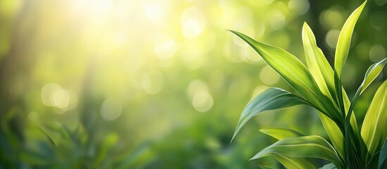 Poster - Closeup view of an appealing green grass leaf against a blurred green backdrop in a garden featuring copy space serves as a natural background for a green plants landscape ecology and fresh wallpap