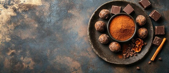 Poster - Cocoa powder truffle chocolate and cinnamon arranged on a stone plate Top view. with copy space image. Place for adding text or design