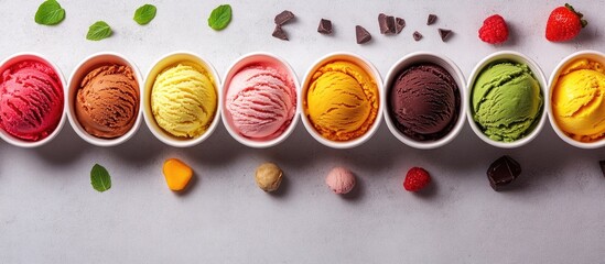 Poster - A variety of homemade ice cream flavors in white cups on a light gray background a healthy summer treat Strawberry pistachio chocolate and mango ice cream balls Flat lay copy space close up