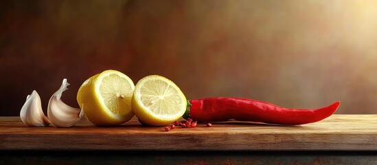 Poster - Red chili pepper lemon slices and garlic on a brown cutting board. with copy space image. Place for adding text or design
