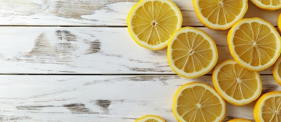 Fototapete - Background featuring lemon slices on a white wooden board Template. with copy space image. Place for adding text or design