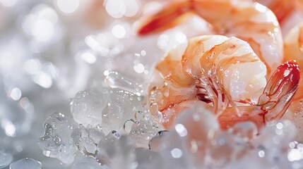 Close-up of Cooked Shrimp on Ice with Bokeh Background