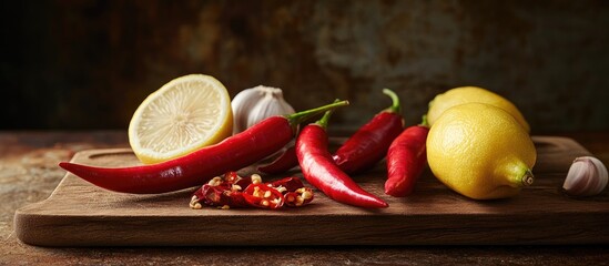 Fototapete - Red chili pepper lemon slices and garlic on a brown cutting board. with copy space image. Place for adding text or design