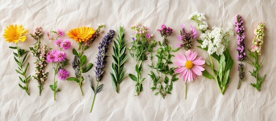 Poster - Herb and flower collection utilized in natural healing herbal medicine culinary seasoning and decoration Health care nature concept on a hemp paper background Flat lay top view copy space