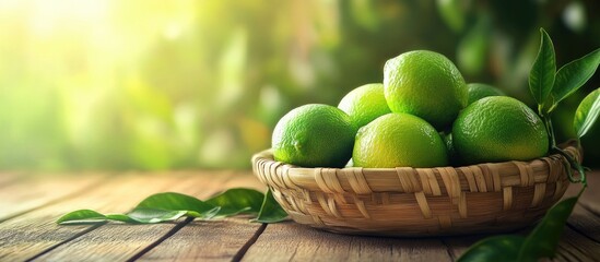 Poster - Lime citrus fruits in a bamboo basket background Fresh juicy limes Nutritious food. with copy space image. Place for adding text or design