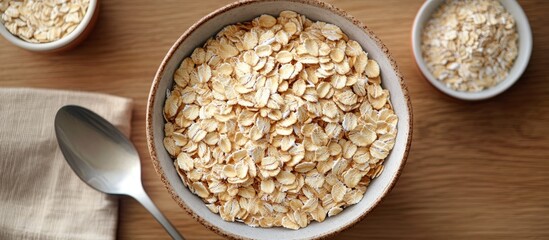 Fototapete - Close up top view of a serving bowl filled with oat flakes and a spoon resting beside it Small dishes containing ingredients are arranged around Creating a perfectly balanced healthy breakfast Copy