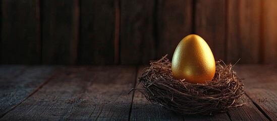 Leinwandbilder - Golden egg in a nest set against a dark wooden backdrop. with copy space image. Place for adding text or design