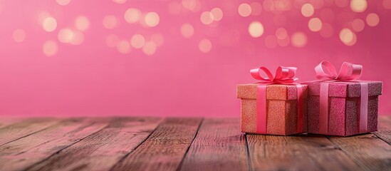 Poster - Vibrant gift boxes on a wooden table Pink background copyspace