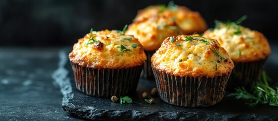 Leinwandbilder - Savory muffins for dinner on a black table food photography. with copy space image. Place for adding text or design