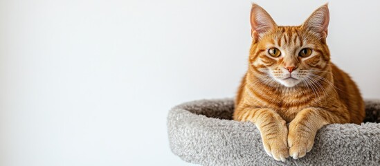 Aufkleber - Orange cat sits on a cat tree gazing at the camera against a white background. with copy space image. Place for adding text or design