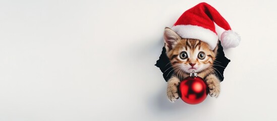 Aufkleber - Winking kitten with a red Santa hat holding a Christmas tree ornament and peering through a hole in white paper. with copy space image. Place for adding text or design
