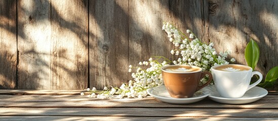 Fototapete - Coffee Espresso cups and lily of the valley against a backdrop of weathered wooden boards in sunlight Rustic style. with copy space image. Place for adding text or design