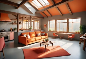 Realistic kitchen interior, orange sofa, gray floor, wooden table, loft style, super details, soft lighting, Night light in cozy interier sale website banner in yellow, orange background color, minima