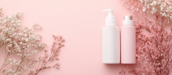 Poster - Beauty care cosmetics Mock up featuring two bottles in white and pink on a paper background with copyspace Spa concept Flat lay style Top view Pastel colors