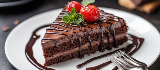 Aufkleber - Chocolate cake topped with chocolate sauce. with copy space image. Place for adding text or design
