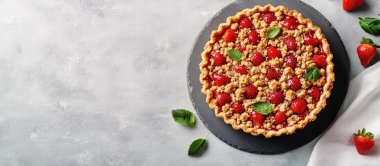 Fototapete - Tasty summer dessert strawberry pie with crumble delightful holiday cake topped with strawberries on a light stone or slate table. with copy space image. Place for adding text or design